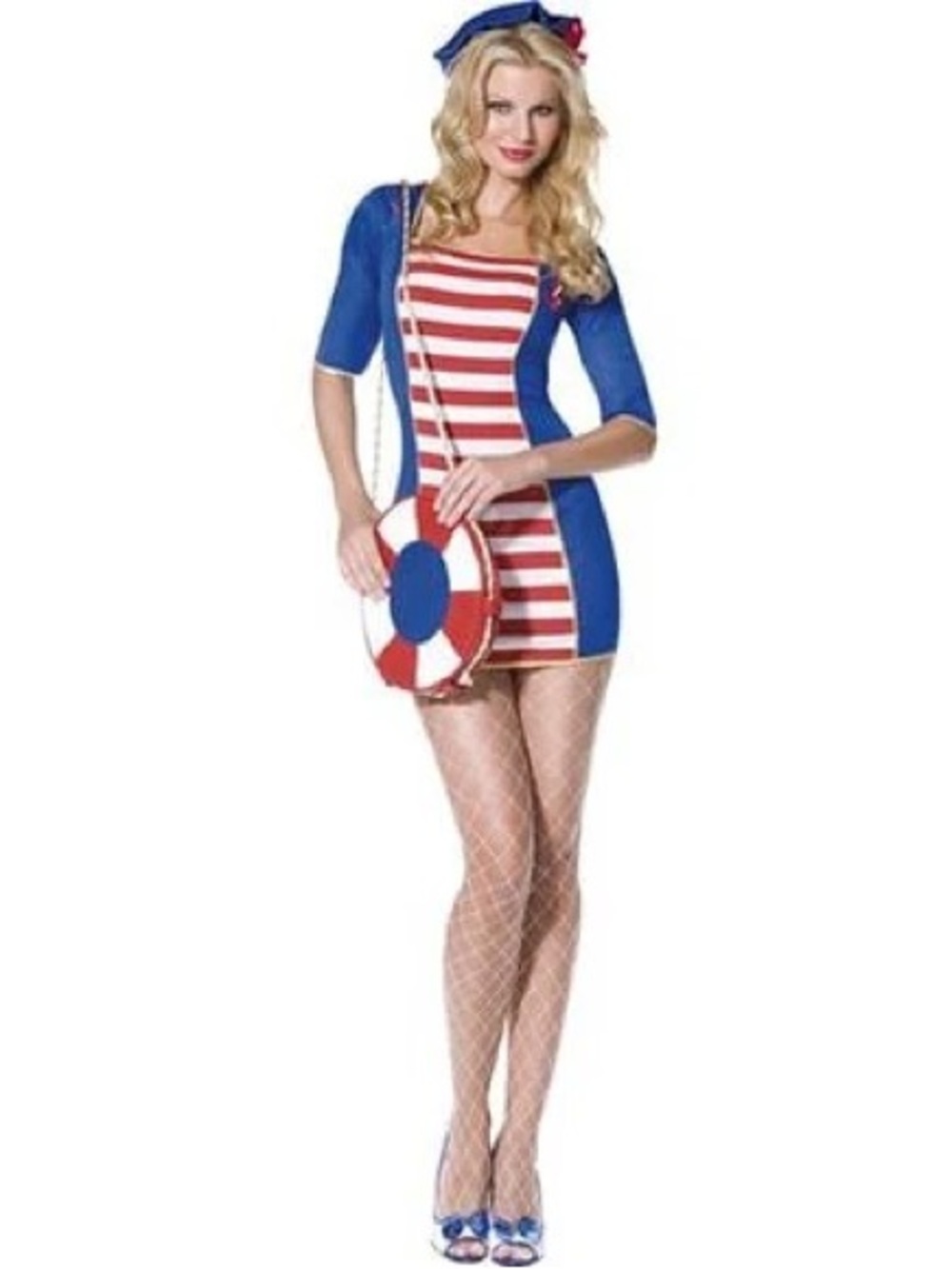 Sailor Halloween costume Fever Nautical Dress with red white blue sleeves.